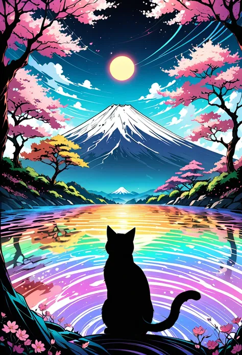 High quality, beautiful and fantastically designed full moon, Mt. Fuji, colorful cherry blossom trees and a beautiful cat silhouette. Gravitational waves, beautifully designed wavelengths, very weak vibrations caused by natural fluctuations, wave nature, v...