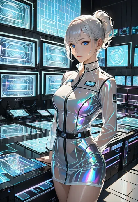 large number of computer monitors appear as holograms, huge amount of top-secret information is displayed on them, and female spy gathers information wearing tight fit semi-transparent uniform, intelligent beauty, glasses, white short ponytail, amorous and...