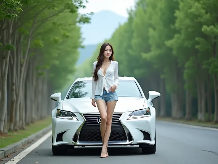  White LEXUS ，（lbx ），   A very beautiful Japanese woman walking in the ocean and in the mountains  (Age 25， slender，  brown hair，  long wave hair ，    big boobs on a metasequoia tree-lined street   ，   Sexy Poses  ，smile，The gaze is here)，  lbx を背負ったモデルポーズ...