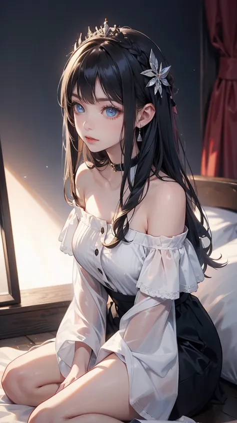 Best quality, highly detailed, masterpiece, ultra detailed, (reality: 1.2), 1 girl, (white background), simple background, delicate eyes, Black hair, blue eyes, hair_ornament, (white off-the-shoulder shirt: 1.3), long hair, pointy_ears, crown_braid, expres...