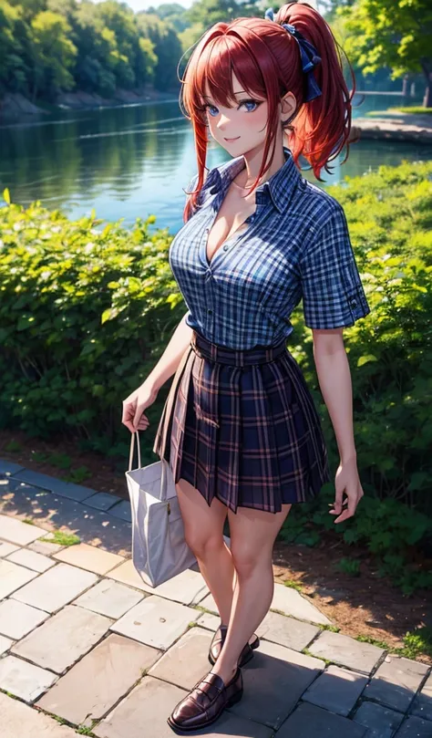 1girl, ((full body)), solo, summer, trees, water, house, fantasy landscape, red hair, ponytail, large full breasts, button down, dark blue eyes, ((dark blue checked silk shirt)), ((short sleeved shirt)), ((unbuttoned shirt)), (unbuttoning shirt), ((cleavag...