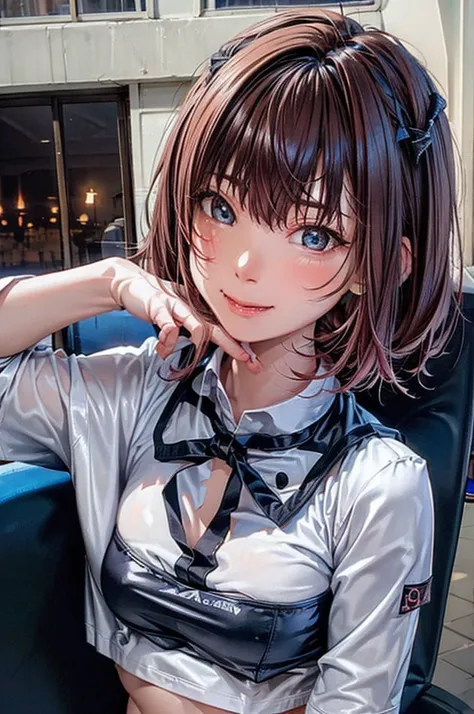 8K,masterpiece,best quality,1girl, solo,pink hair,short bob cut,aquatic blue eyes, smile, in the love hotel room, lying on bed,taken off sailor suit spreading around her,wear thighhigh socks,torn socks,crescent moon,outside of the window beautiful night sk...