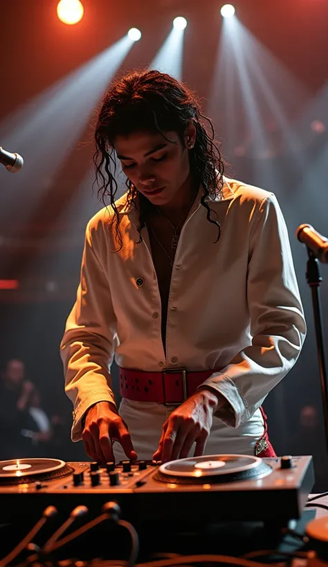 Michael Jackson dj booth concert，tmasterpiece，8k，high definition resolution，cinematic lighting，theater，lamp light，perform，Michael Jackson，((microphones:1.3))，concert，performance，Fashion clothing，short skir，idoly，super detailed face,  Cinema lenses，Cinema g...