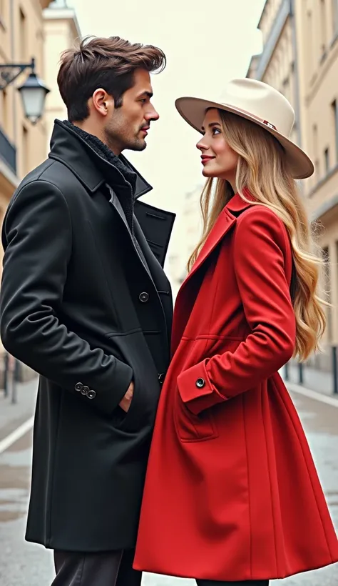  create a cover for the , a5 ,  on the right side of the book should be a blonde girl in a red coat with a white hat,  who is studying in Paris to be a designer ,  and on the left side there is a guy in a black coat studying as an economist in London ,  bo...