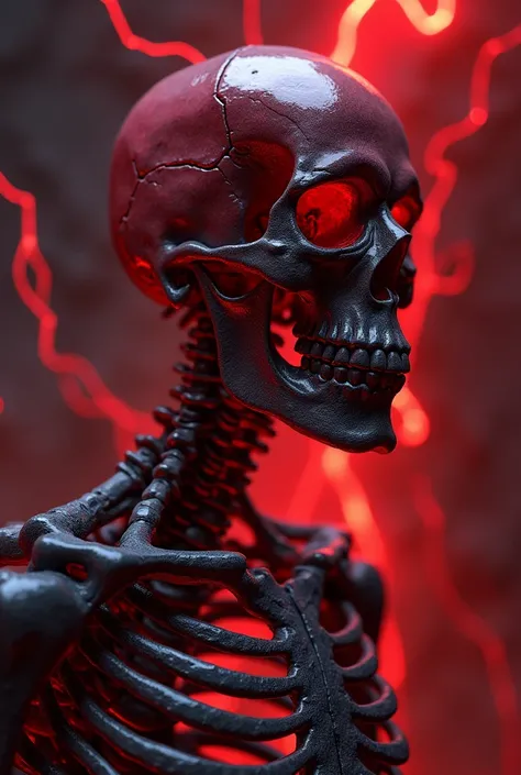 A 3D render of a skeletal thoracic cage into and  skull crafted from dark ruby, with glowing red veins and intense lighting. 8k resolution, Octane render.

