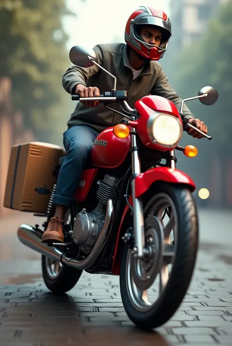 Honda unicorn gear bike red colour Indian model 3D model traveling right side to left sidewith delivery boy with helmet 