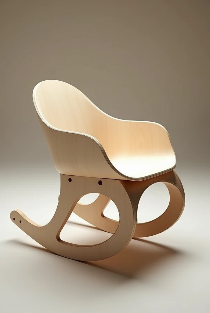  This in an rocking chair oval shape. The chair is made from precisely cut plywood pieces, likely using a CNC machine.  These pieces were assembled using strong joinery (likely dado and rabbet) and finished with a clear coat for protection.