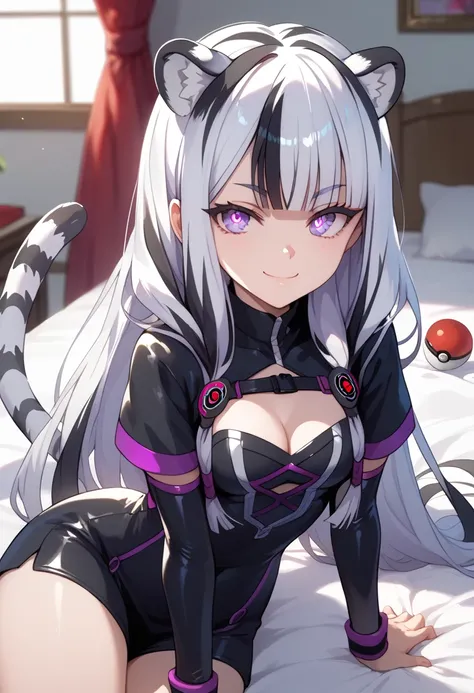 ((masterpiece)), 1girl, solo, long hair, white tiger ears, white tiger tail, open eyes, purple eyes, glowing eyes, sitting on bed, team Galactic uniform, purple uniform, black uniform, multicolored uniform, manic smile, looking at viewer, holding pokeball,...