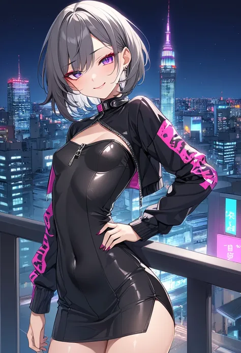 A beautiful, boyish anime girl with small breasts、 medium hair、 dark grey hair、smug face、Confident expression、 Bodycon 、Prostitute clothing、flashy accessories、 Exposure Clothes 、 flashy makeup、 downtown at night