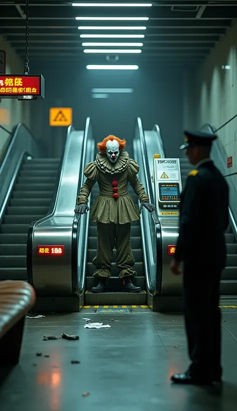 " A hyper-realistic photo of a Evil clown at a modern train station ,  captured as if taken with a professional camera .  The clown is standing at the top of the escalator , already out of it ,  with an expression of desperation and determination .  He wea...