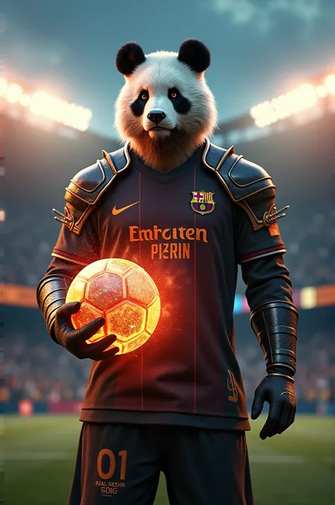 Create a hyper-realistic hybrid character combining Lionel Messi and Akai from Mobile Legends, set in a grand stadium during a dramatic evening match. The character prominently features Messis human face with lifelike details, including his signature beard...