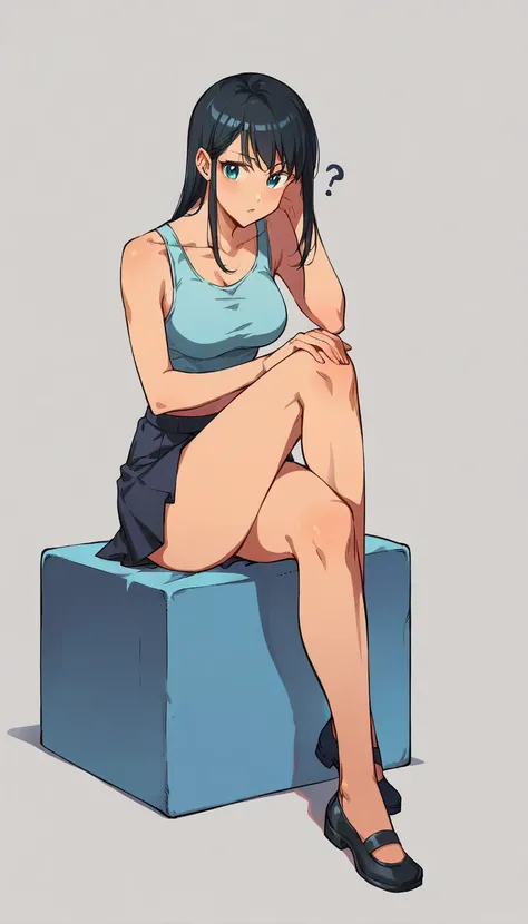 (Ashley Woodのスタイルで:1.1), 
 1 girl , place your knees and align your legs ,?, a large blank area ,Dodge Blue |gray_background,minimalist background, sitting,At the bottom of the screen is ,( side :1.5),From the side,comics,