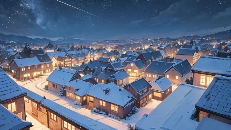  best image quality,  Christmas, Scenery from 3rd floor window , Falling snow, garden, Small village, A bustling village, Holy Night, Shining Star々,  happy family with s, 