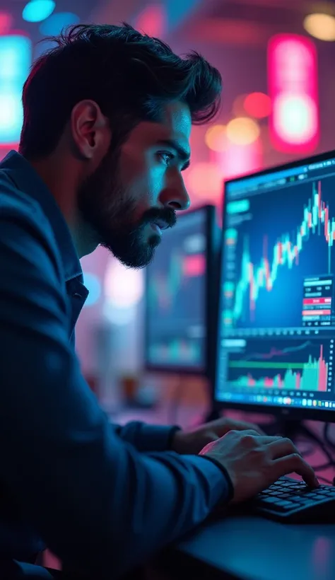 Trader doing trading in a stock market facing a computer screen, reading chart , neon effect 