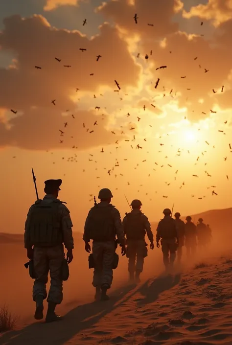 Egyptian soldiers in the desert, looking up and seeing thousands of artillery shells in the sky, there are so many shells that it makes everything dark, even blocking the sunlight. "4k cinematic" style