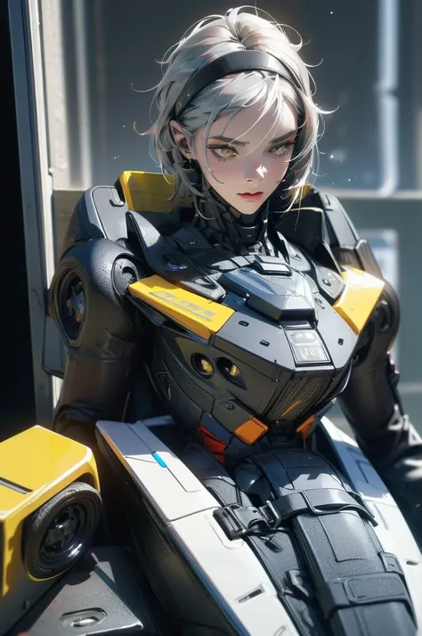 a woman with very short gray hair wearing a black futuristic pilot suit, sitting in a spaceship pilot seat, sharp detailed yellow eyes, seeing space through the window, (best quality,4k,8k,highres,masterpiece:1.2),ultra-detailed,(realistic,photorealistic,p...