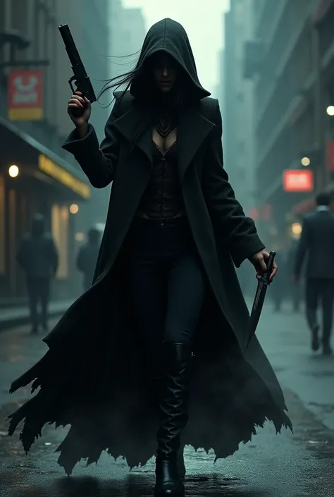 an evil woman killing by a pistol and knife. On the street
