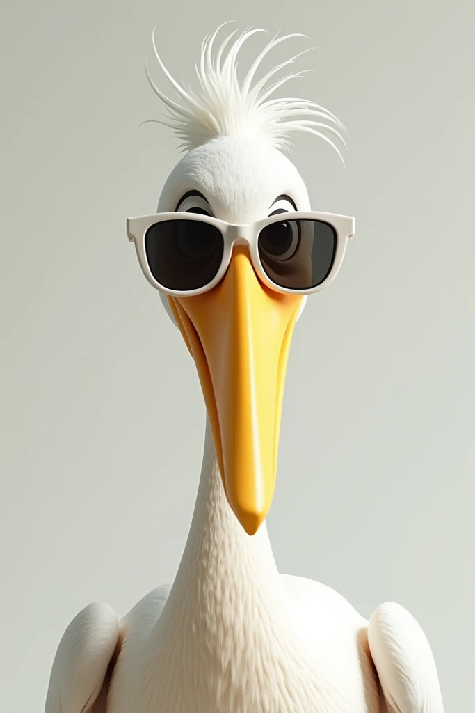 white pelican with topknot combed back sunglasses open mouth with yellow beak with large cartoon 3d design