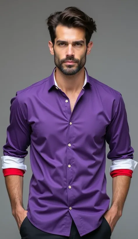 a purple shirt,where their cuffs and collars are white and half red,that is for men,with cotton fabric