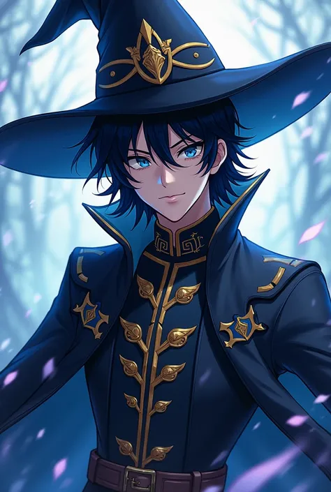 Anime black haired man with blue eyes wearing wizard costume with wizard hat