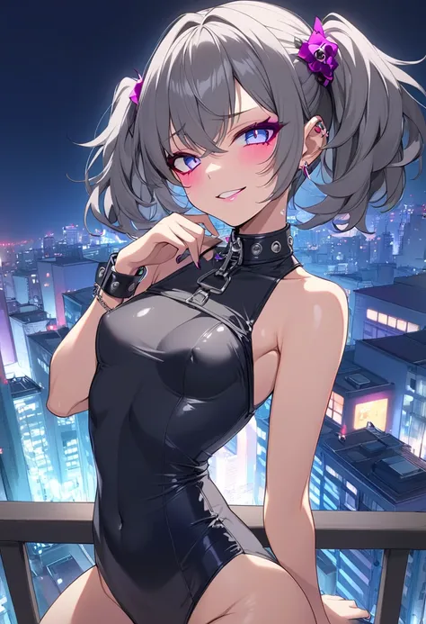 A beautiful, boyish anime girl with small breasts、 medium hair、 dark grey hair、smug face、Confident expression、 Bodycon 、Prostitute clothing、flashy accessories、 Exposure Clothes 、 flashy makeup、 Bitch、 downtown at night