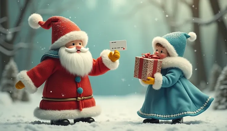 Russian Santa Claus in a fur hat ,  holds out a white credit card in his hand towards the camera lens. A Snow Maiden in a blue dress is standing next to her and holding a gift box. Retro image