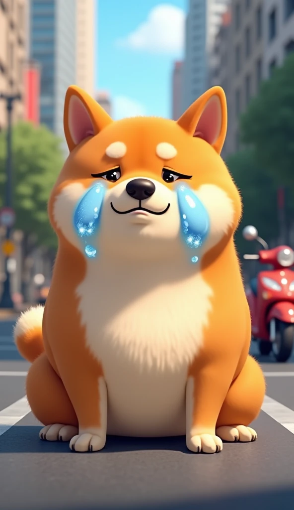 "A chubby, cartoonish Shiba Inu dog sitting on an urban street, its round belly prominently displayed. The dog has a humorous expression, with exaggerated cartoon tears streaming down its cheeks, rendered as glowing, sparkling blue streaks. The setting is ...