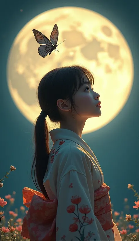  1 girl , Addictive shortcuts,  ribbon,  floral kimono、 big moon in the background like a poster、 movie light effect, Mysterious Butterfly、Symmetrical、 face facing the front、 face up、