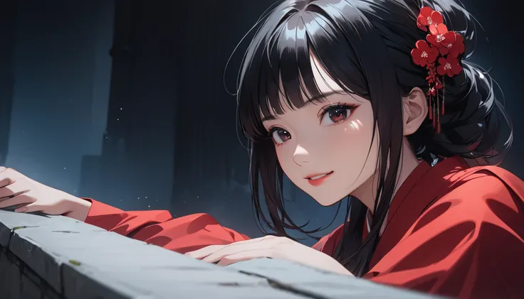 (masterpiece:1.5),(Beat quality),(high res),1girl solo,beautiful face,smile,upper body, long black hair,Red Kimono Woman,Sitting at the grave at night