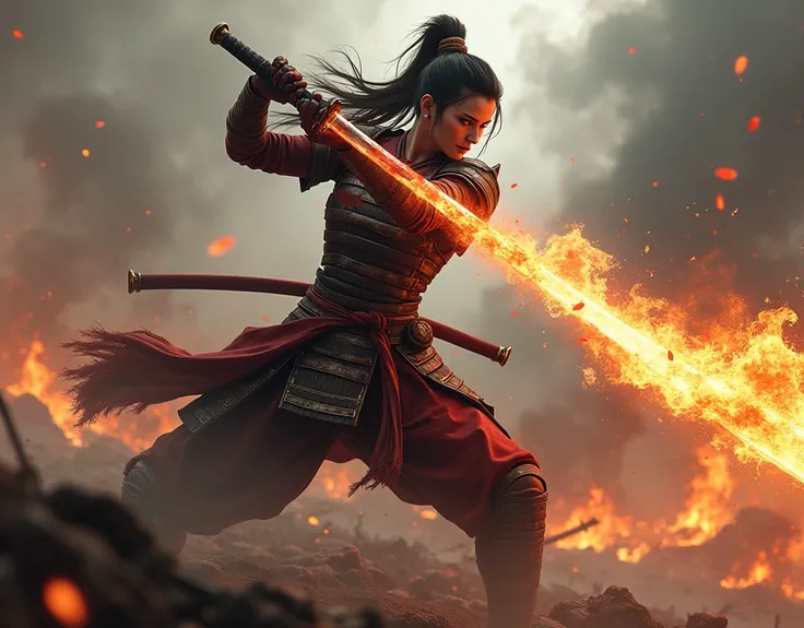 Now make a picture of a female samurai with a bloody katana spewing fire