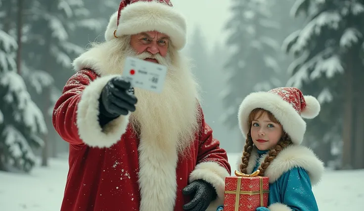 Russian Santa Claus in a white fur hat ,  points a white credit card in his hand towards the camera lens. A Snow Maiden in a blue dress is standing next to her and holding a gift box. Retro image