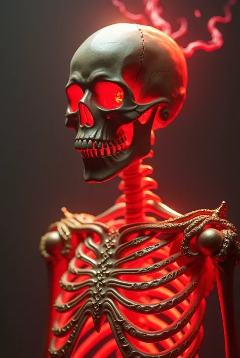 A glowing ruby red skeleton skull with a golden, ornate thoracic cage, illuminated by soft ambient light. 8k resolution, Octane render.
