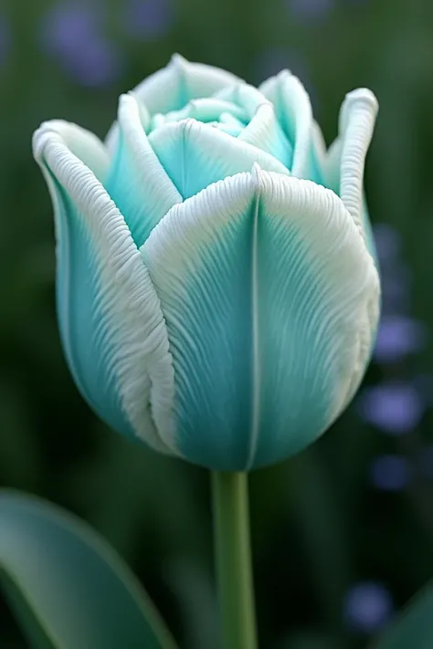  A flower with characteristics of a rose or tulip, with a very rough and elastic texture ,  and the color is white with cyan tips 