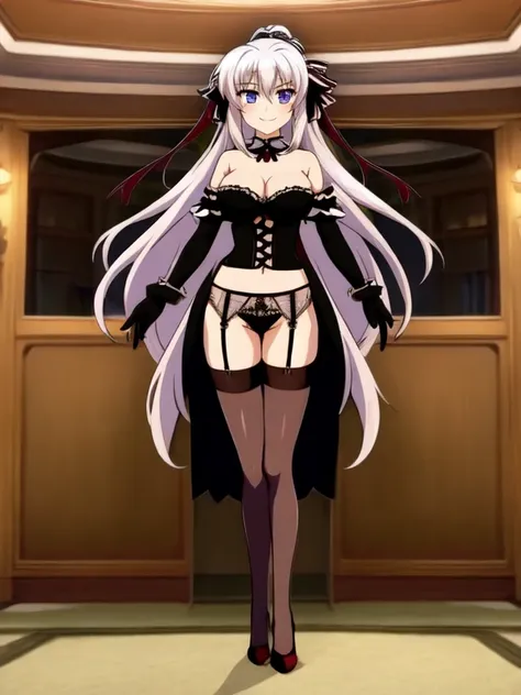 ((indoor)), 
 ((bare shoulders)), ((black bustier)), ((black stockings)), ((black g-string)), ((black high heels)), ((black garter belt)), ((black elbow gloves)), full body, female standing, front view, 1 girl, long hair, looking at viewer, breasts, purple...