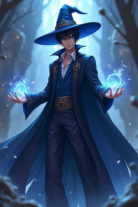 Anime 4d man, black hair, blue eyes, wizard costume with hat