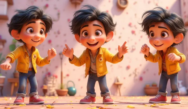 3d pixar style, a young boy with a yellow jacket and blue jeans and red sneakers, multiple expressions and poses
