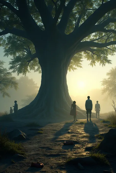 In cinematic 3d style
The banyan tree under the soft light of dawn, surrounded by villagers who stand at a cautious distance. On the ground lies a single shoe, next to a clear, deep footprint of one foot. The tree’s roots look darker and more ominous, as i...