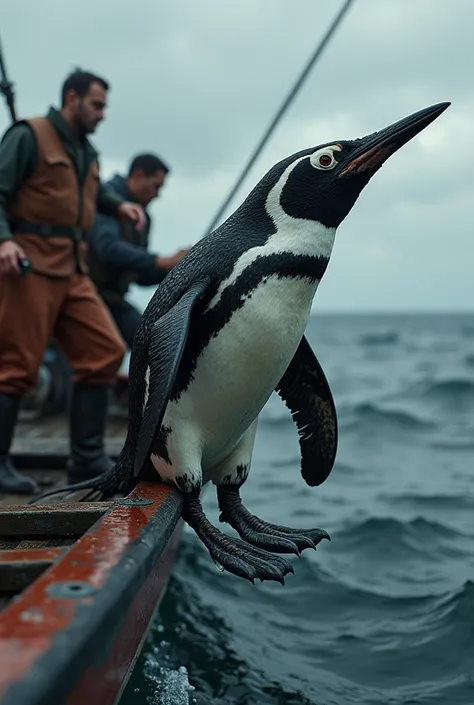 An unusual swordfish, half a penguin, is caught by a chain of fishermen and taken to the boat 