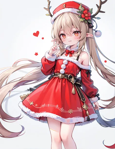 2D,  masterpiece,  best quality, Anime-Series,  very detailed eyes ,  highly detailed face ,  Highly detailed background, perfect lighting,  Santa Claus costume ,  long red sleeves ,  reindeer antler ,  feet outside the frame ,  1 girl, Alone,  standing,  ...