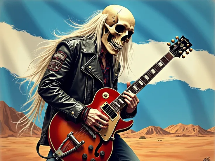  Electric guitar , Drawing, long-haired albino skull,  leather jacket , heavy metal, Argentinian Patagonian DESERT , Argentine flag, Drawing