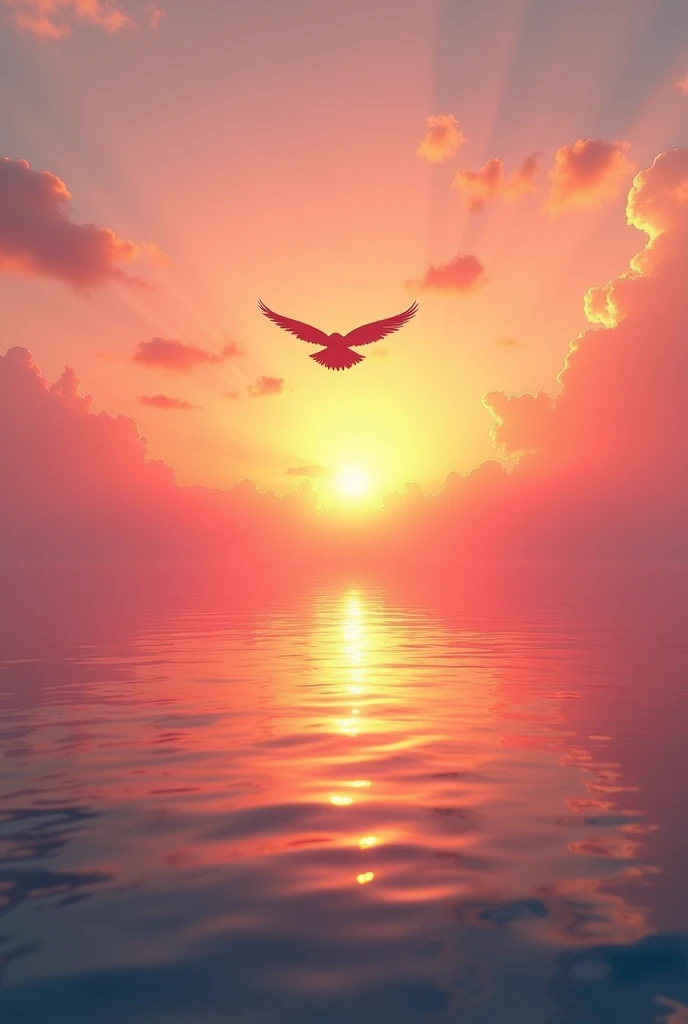 A golden sunset sky filled with streaks of soft orange and pink, where the silhouette of a solitary bird glides gracefully across the horizon. The birds outline is sharp and defined, with its wings spread wide, capturing the essence of  and grace. Below, a...