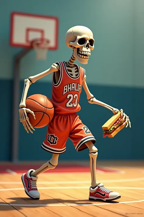 Skeleton playing basketball with the ball between his legs and showing a sandwich 