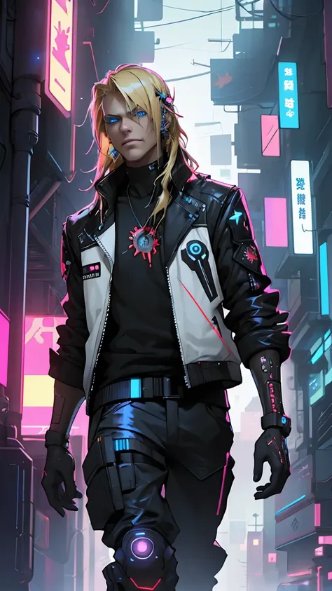 man,  Cyberpunk, senator , blond,  blue eyes ,  medium length hair,  faction leader , neon