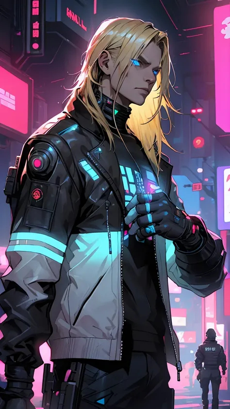 man,  Cyberpunk, senator , blond,  blue eyes ,  medium length hair,  faction leader , neon