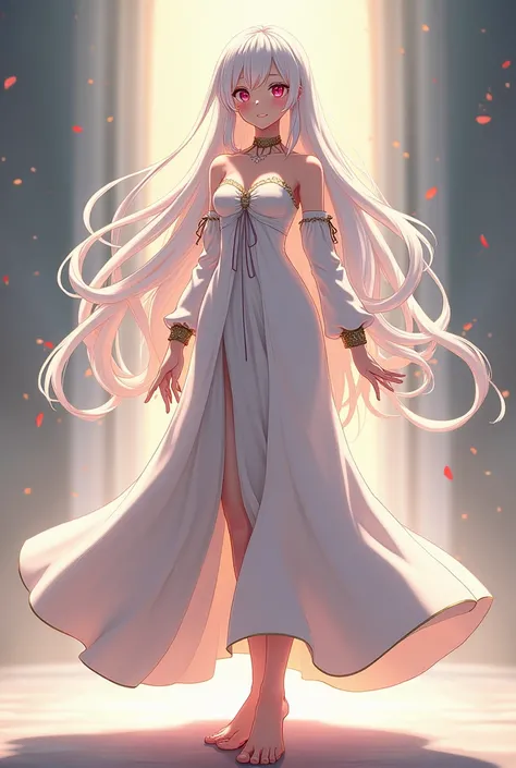 Anime beautiful cute girl barefoot each foot has 5 toes, standing in the pose of lord and 23 years old. Wearing long wonderful expensive dress. White hair. she looking with lovers gorgeous EYES because love me sincerely . She has cute SMILE  .4k quality 