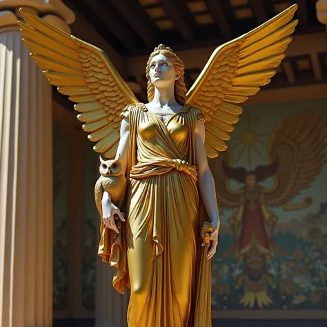 masterpiece、Athenas upper body statue 、 stands gracefully in front of the temple 、 wears lustrous golden clothes 、 stands in a firm position 。 Athena has an owl on her shoulder , Her gaze looks up 、 makes you feel majestic like watching her surroundings 。 ...