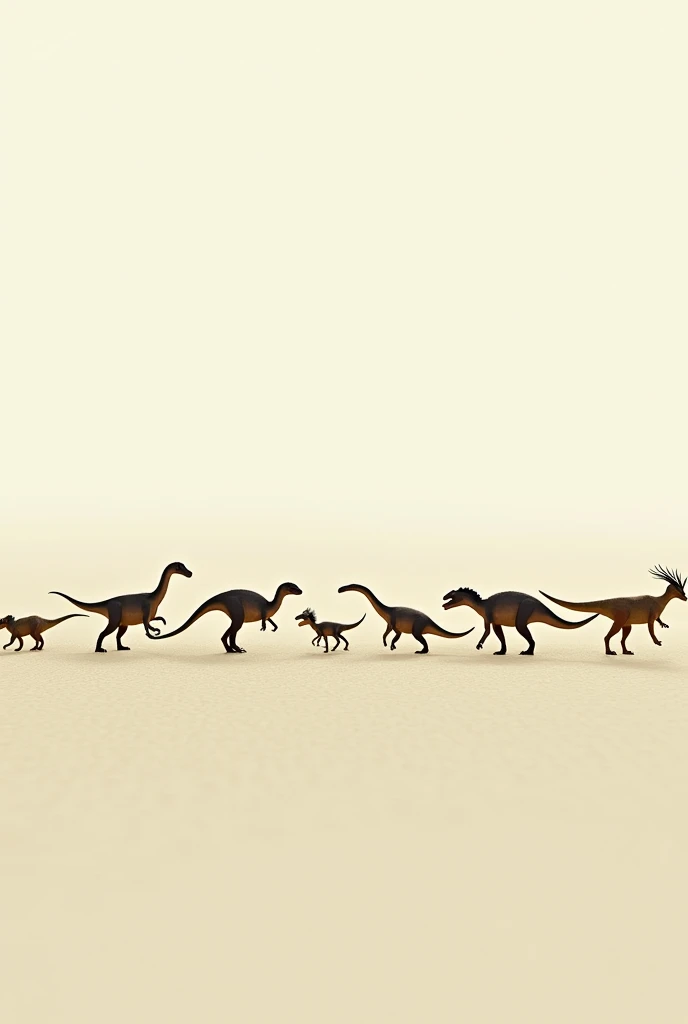 Can you create an image for me with dinosaurs of various types walking on the horizon and the background is off-white. Please 