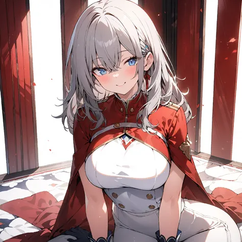 , colorful ,(  Masterpiece :1,2),  best quality,   Masterpiece ,  high definition ,  original,  highly detailed wallpaper ,  1 girl  ,smile,Alone, Grey Hair,  blue eyes,  original_Costume, red cloak, white pants, Gloves, chest, uniform, large chest