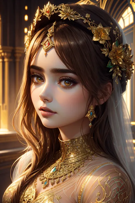 3D portrait Lily Collins, wearing arabic transparent sexy costume, against the background of Burj Khalifa, 9 9 9 9 s, curly hair, intricate, elegant, highly detailed, digital painting, artstation, concept art, smooth, sharp focus, illustration, art by thom...