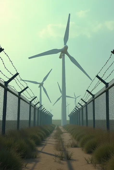 Draw : In the background you can see several wind turbines ,  which are surrounded by barbed wire and a chain link fence.
Wind turbines are good but barbed wire is more like a wall and you can get out on the wind turbines 